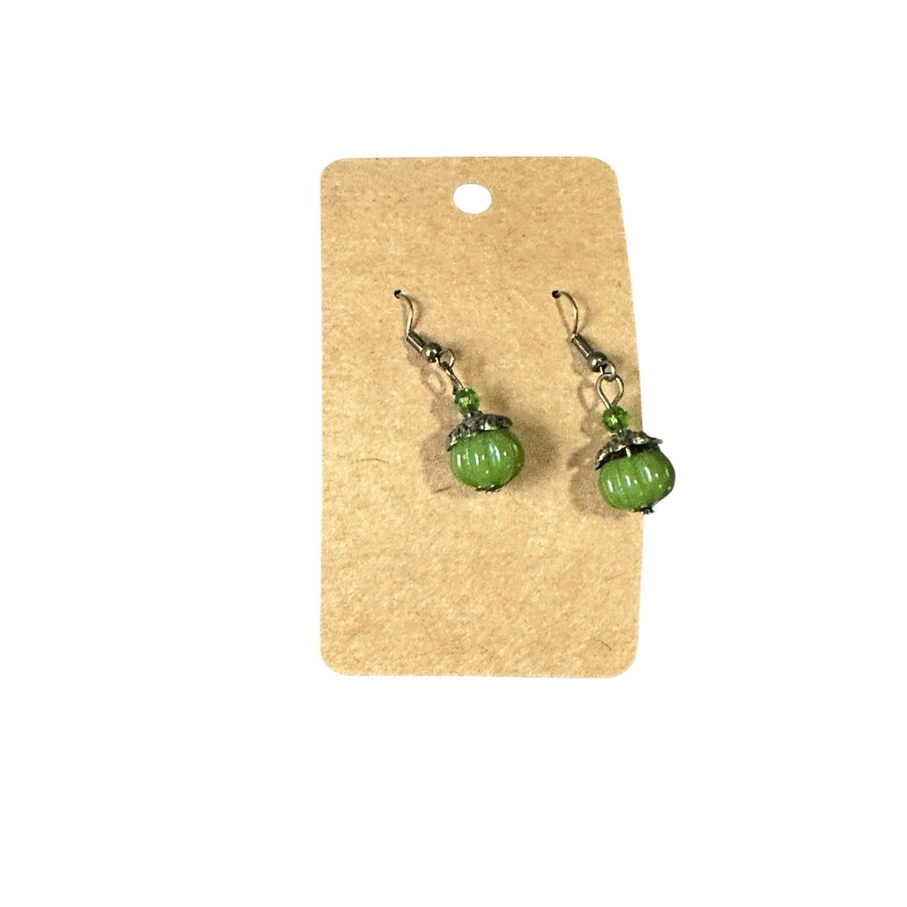 Green Pumpkin Drop‎ Earrings Bronze Tone French Hook Cottagecore Dangle